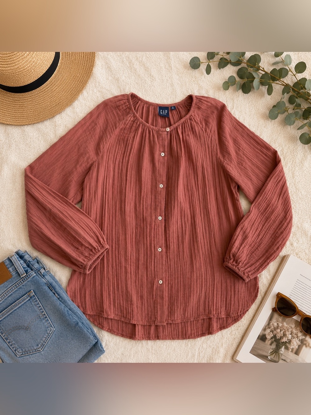 GAP 100% Cotton Double Gauze Button Front Peasant Blouse Rust Terracotta Size M